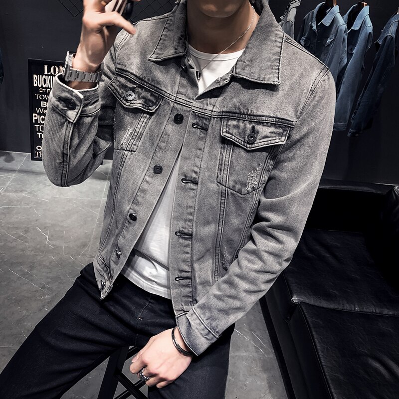 Denim Jacket Men Hole Retro Motorcyle Basic Coat S – Grandado