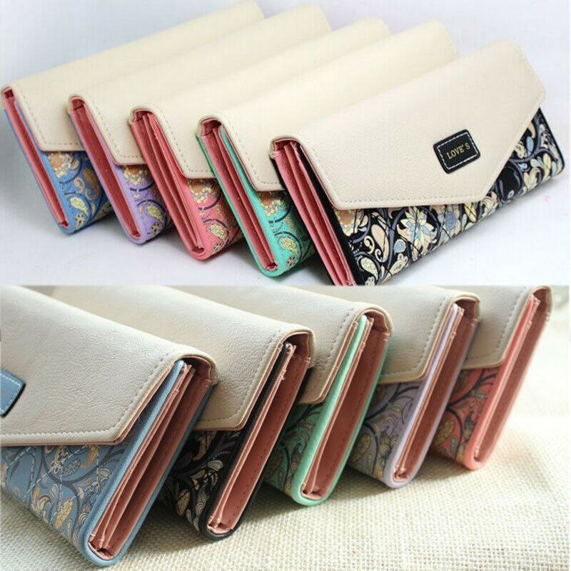 Womens Ladies Envelope Leather Wallet Card Button Clutch Purse Long Hand Bag