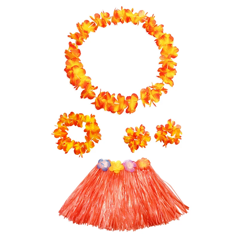 1 Set Kids/Girls Hawaiian Luau Grass Hula Hawaiian-Style Suit Flower Skirt For Parties Balls Festivals And Carnivals-Supplies: Orange