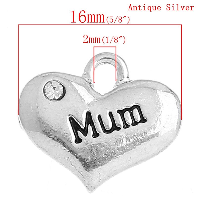 DoreenBeads Charm Pendants Heart antique silver color "Mum" Message Carved Clear Rhinestone 16x14mm,20PCs (B32655)