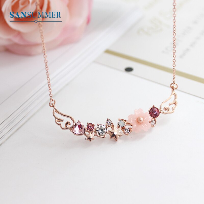 SANSUMMER Vrouwen Sieraden Sets Meisje Goud Roze Boog Sakura Earring Ketting Zoete Mooie Metalen Vrouwelijke Sieraden Sets 5709