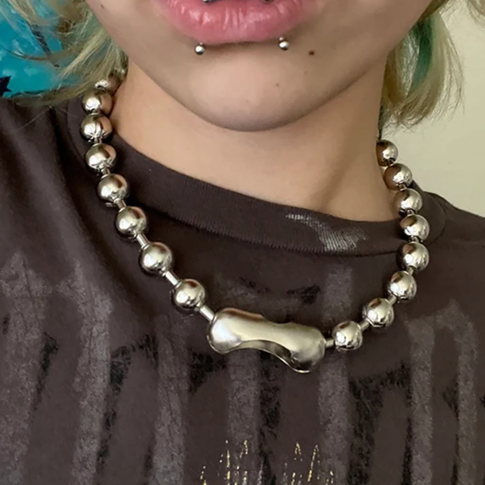Grunge Y2K declaración de gran tamaño 10mm cadena de bolas gargantilla collar plateado hecho a mano gótico Unisex hombres mujeres joyería gruesa