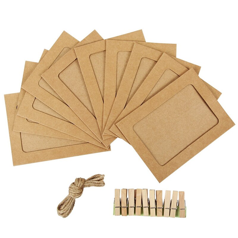 10 Pcs Papier Fotolijst Kraftpapier Fotolijsten Opknoping Muur Foto Set Met Hout Clips En Jute Twine Thuis decoratie Craft: khaki