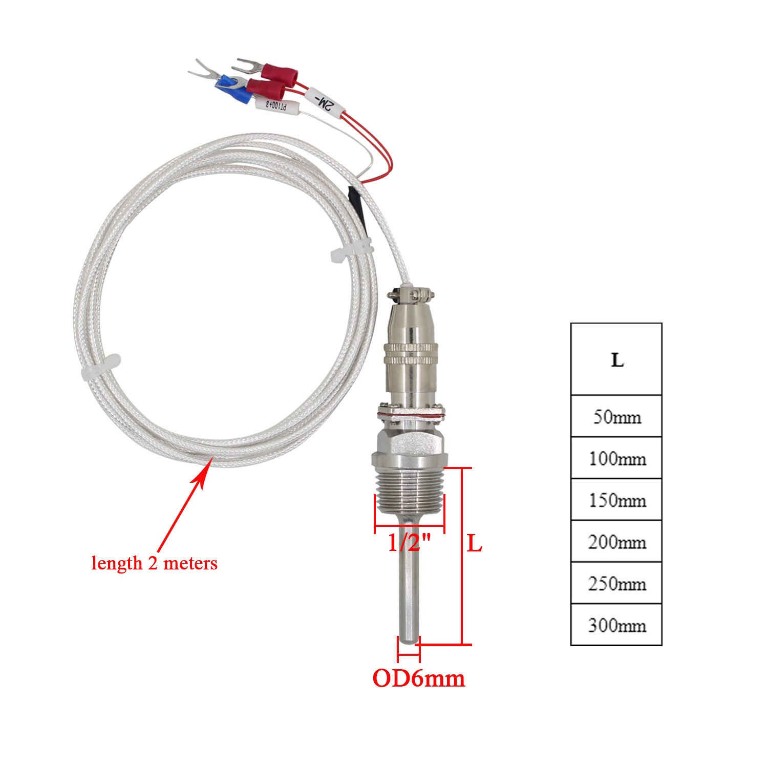 Sonda transductor de temperatura L50-300mm BSP de acero inoxidable, Sensor de temperatura PT100 con cables de 2m, 1/2 ", de-50 a 300 grados