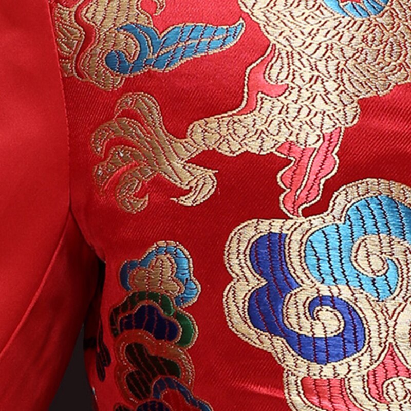 Dragon Pattern Jacquard Mens Red Suit Jacket Mandarin Collar Traditional Chinese Men Satin Wedding Jacket Frog Closure