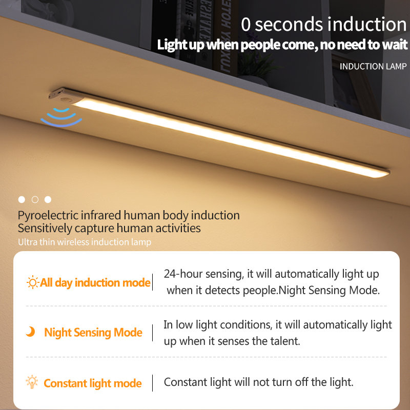 Lumière d'armoire Led avec capteur de mouvement, Rechargeable par USB, trois couleurs dans une lampe pour cuisine, garde-robe, éclairage intérieur 10/20/30/40/60cm
