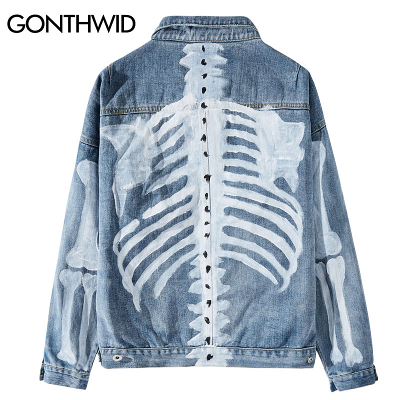 GONTHWID Graffiti esqueleto huesos imprimir chaqueta de mezclilla Streetwear hombres Hip Hop Punk Rock Jean abrigos Casual chaquetas