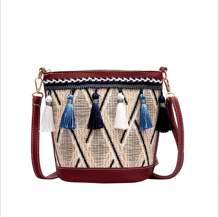 Bohemian Woven Handbag Straw Rattan Wicker Sling Bag Beach Casual Clutch: Red