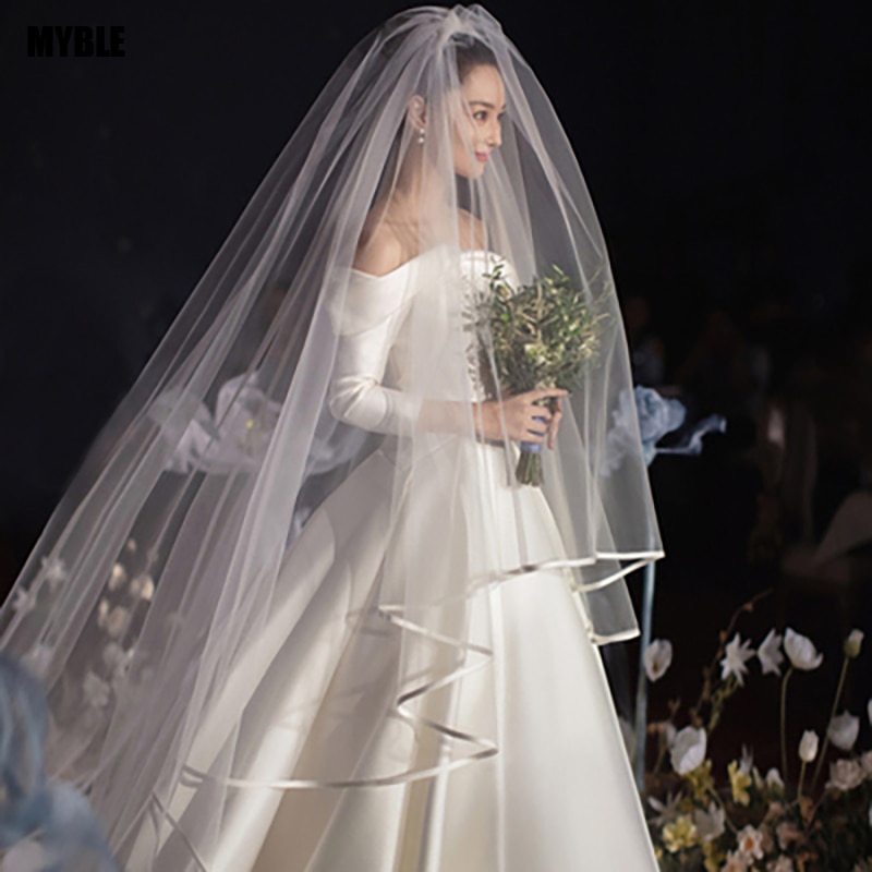 Foto real blanca/Marfil dos capas velo De novia 3,5 m Borde De cinta Mantilla velo De novia accesorios De novia Veu De Noiva