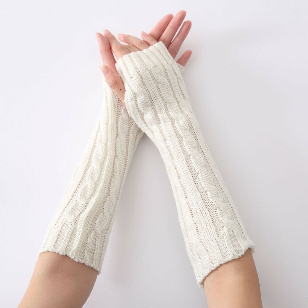 Kvinder vinter håndled arm strikkede lange fingerløse handsker vanter håndvarmer: Hvid