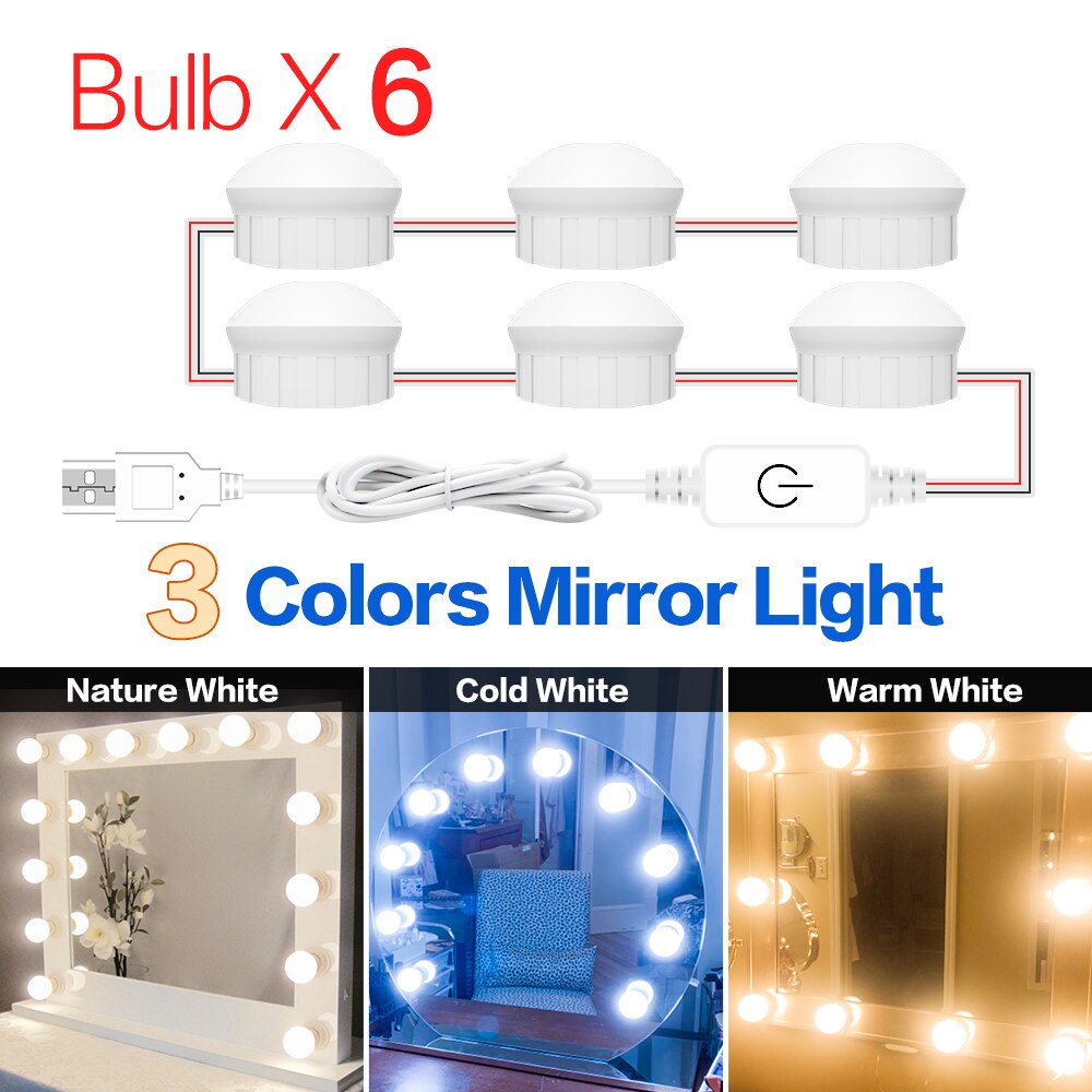 Led Vanity Light Makeup Mirror Light Bulb 12V LED USB Cable Powered Dressing Table Make Up mirror Lamp Decor Bathroom Wall lamp: 3 Colors 6 Bulbs