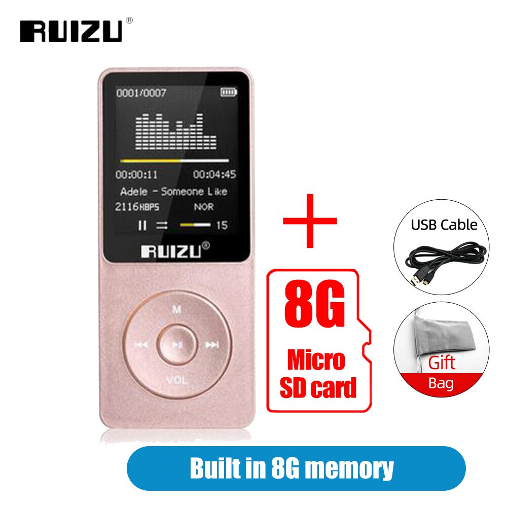 Ruizu X02 MP3 Player 8GB Portable Music Walkman Ultrathin Lossless Sound Music Media MP3 Players With FM Radio E-book Recording