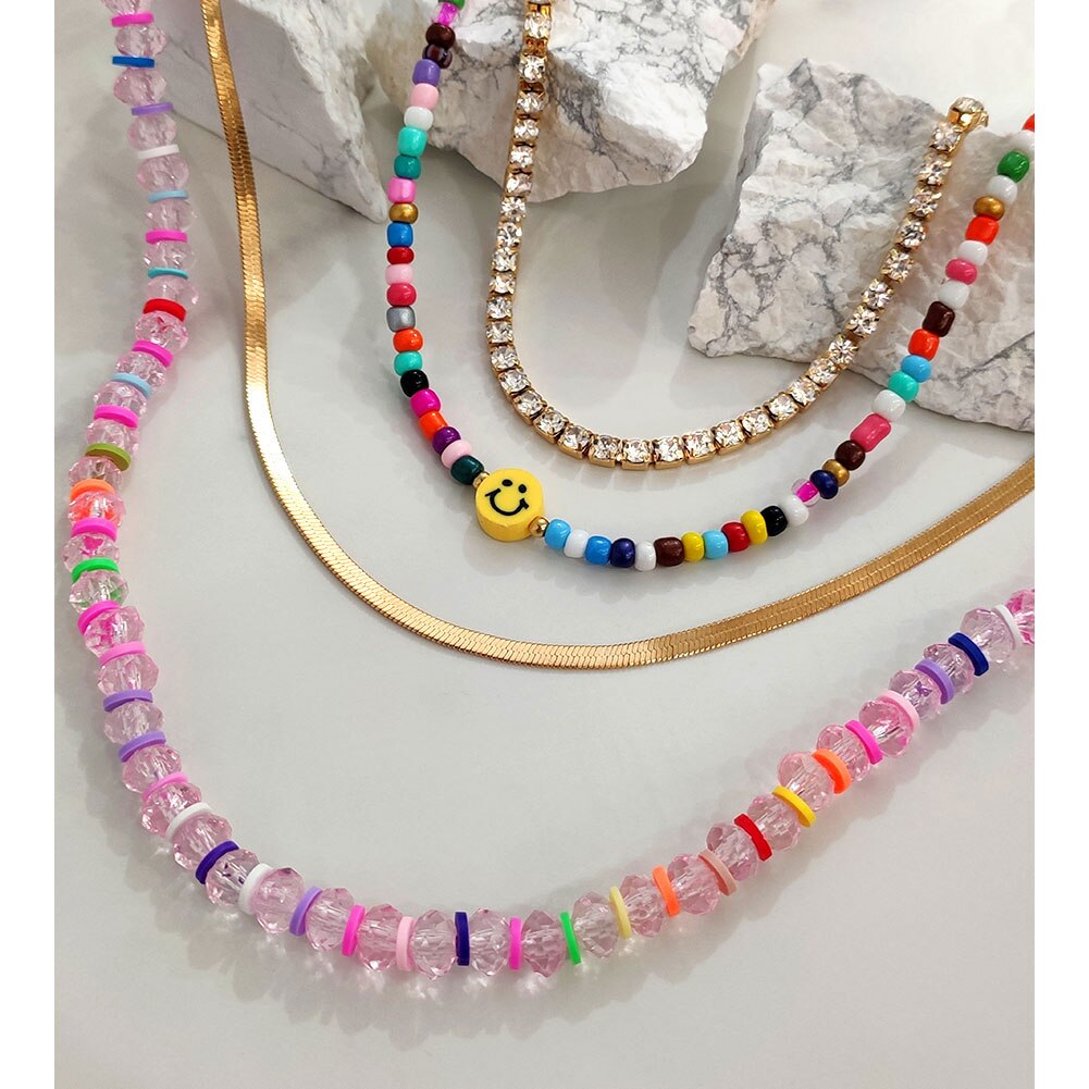 Multilayer Smiley Face Color Seed Beaded Necklaces For Women Handmade Fruit Heart Pearl String Beads Choker Summer Beach Jewelry