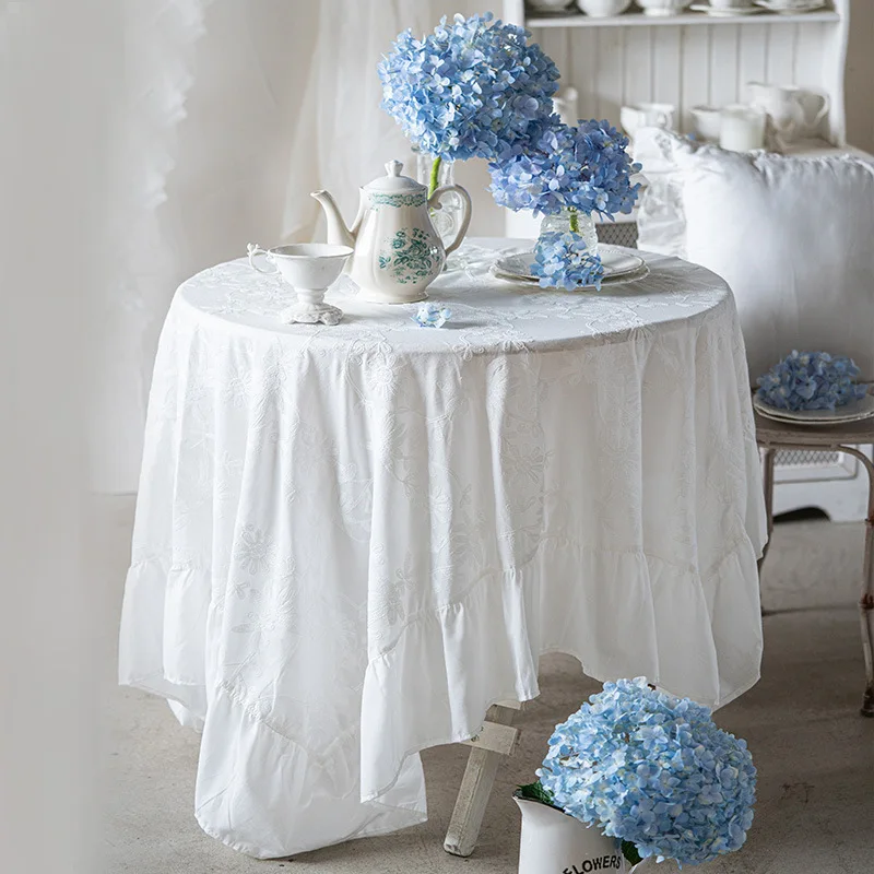 Baumwoll-Tischdecke mit Rüschen für Hochzeit, Zuhause, Party, Esszimmer, Bankett, Dekoration, Blumenstickerei, aufbringen, Teetischschutz, 자 Sverd Como