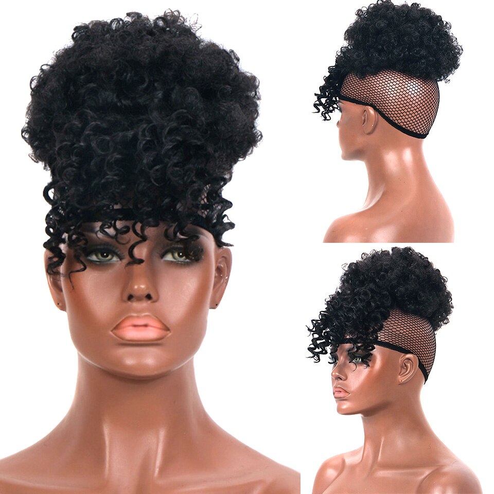 HOUYAN African chignon with bangs curly synthetic natural high temperature fluffy ponytail for women
