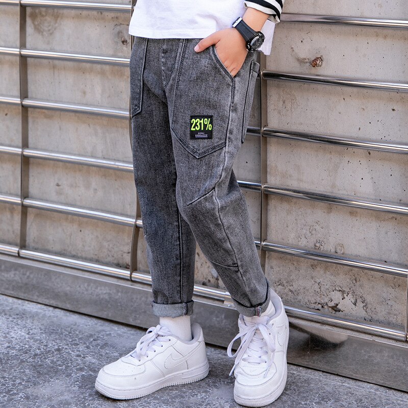 Primavera nueva gris-negro 4-16 años adolescentes Jeans Slim Big Pocket Pants niños Jeans Casual pantalones ropa