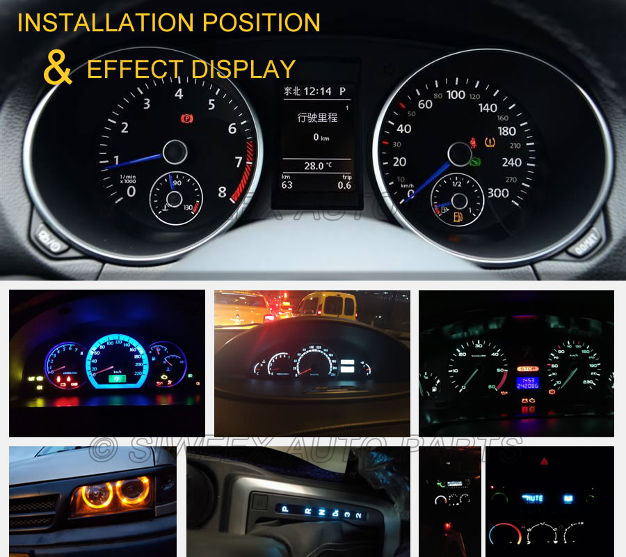 20 stk/parti  w1.2w fatning  t5 led 12v bil auto side kile instrumentbræt måler instrument lys lampe pære is blå rød grøn gul