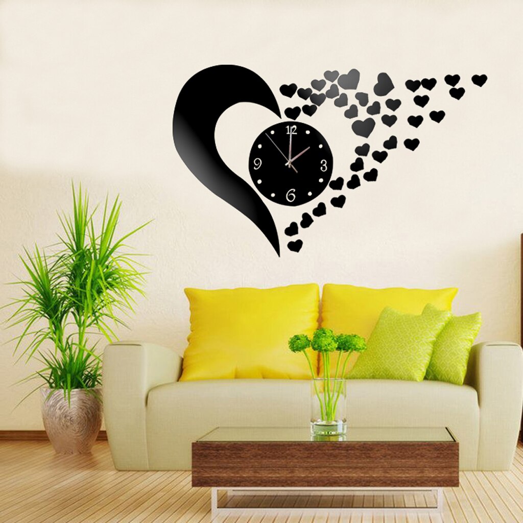 Love Heart Shaped DIY Wall Clock 3D Mirror Surface Sticker Home Wall Decor: Black