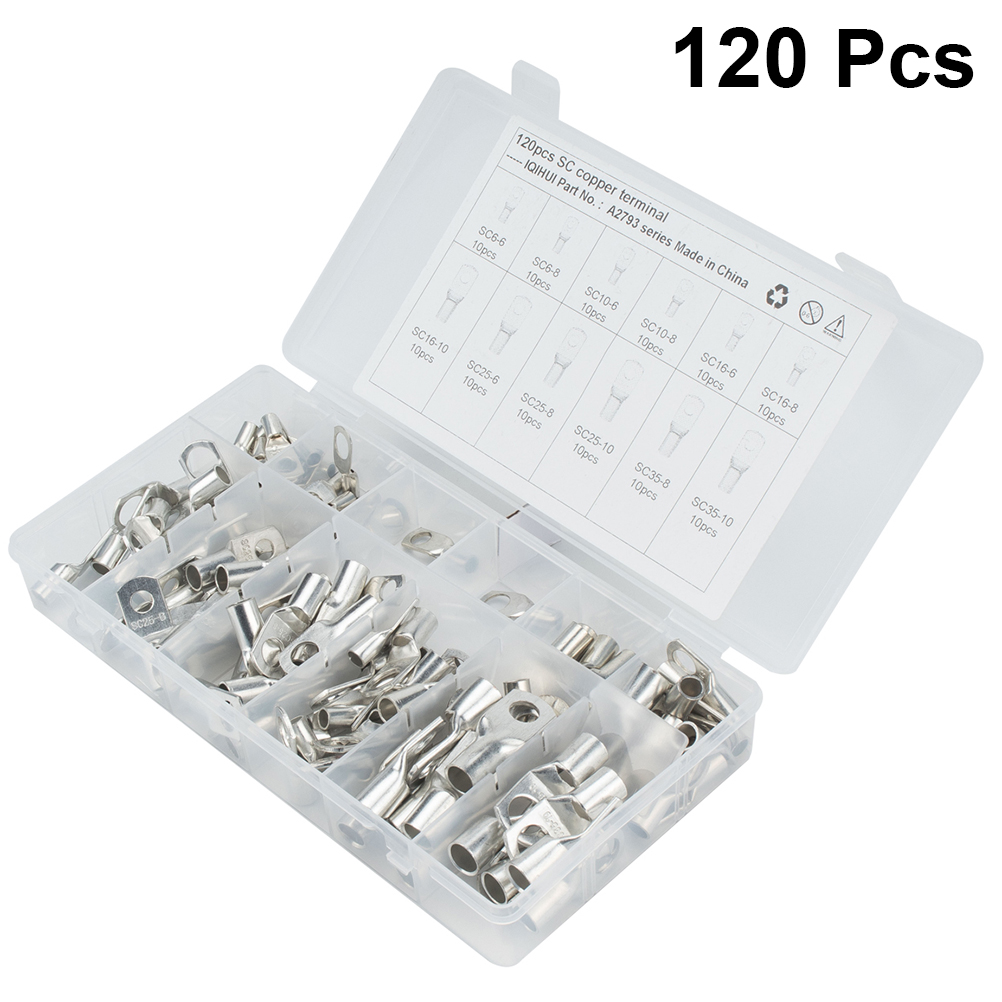 120pcs Bare Terminal Tinned Soldered Copper Crimped Tube Lug Terminal Kit for Auto: Silver 120pcs21X11CM