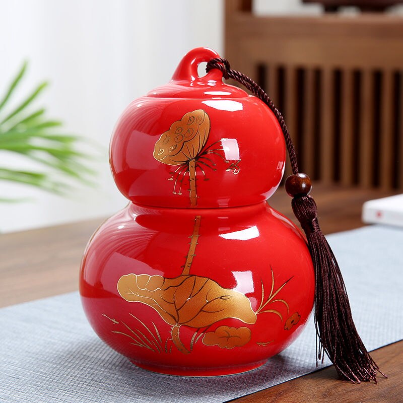 Tarro de cerámica chino de Kung Fu para decoración del hogar, recipiente de almacenamiento sellado con forma de calabaza, accesorios para ceremonia del té, especias: Red