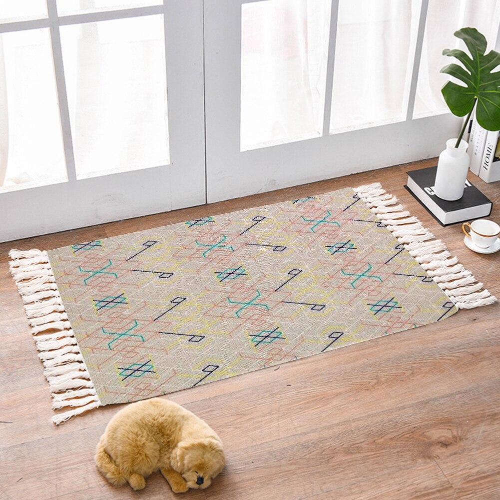 Tassel Plant Pattern Carpet Bedside Geometric Floor Mat Living Room Bedroom Home Decor: M / D