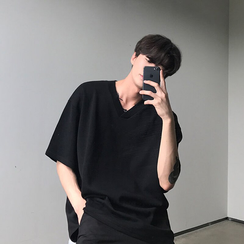 Summer Korean V-neck T Shirt Men's Solid Color Cotton Casual T-shirt Men Streetwear Loose Short-sleeved Tshirt Mens Tops: black / M