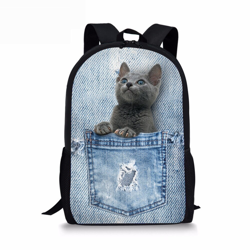 FORUDESIGNS Demin gato mochila para niñas adolescentes niños perros impresión lindo niños mochila mochilas para casuales de las mujeres de mochila: CC2296C