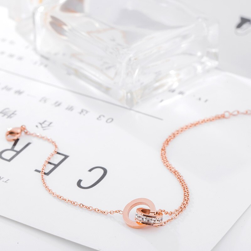 18KGP Titanium Staal Vrouwen Enkelbandje Armband Dubbele Cirkel Crystal Romeinse Cijfers Voet Armband Vrouwen Sieraden
