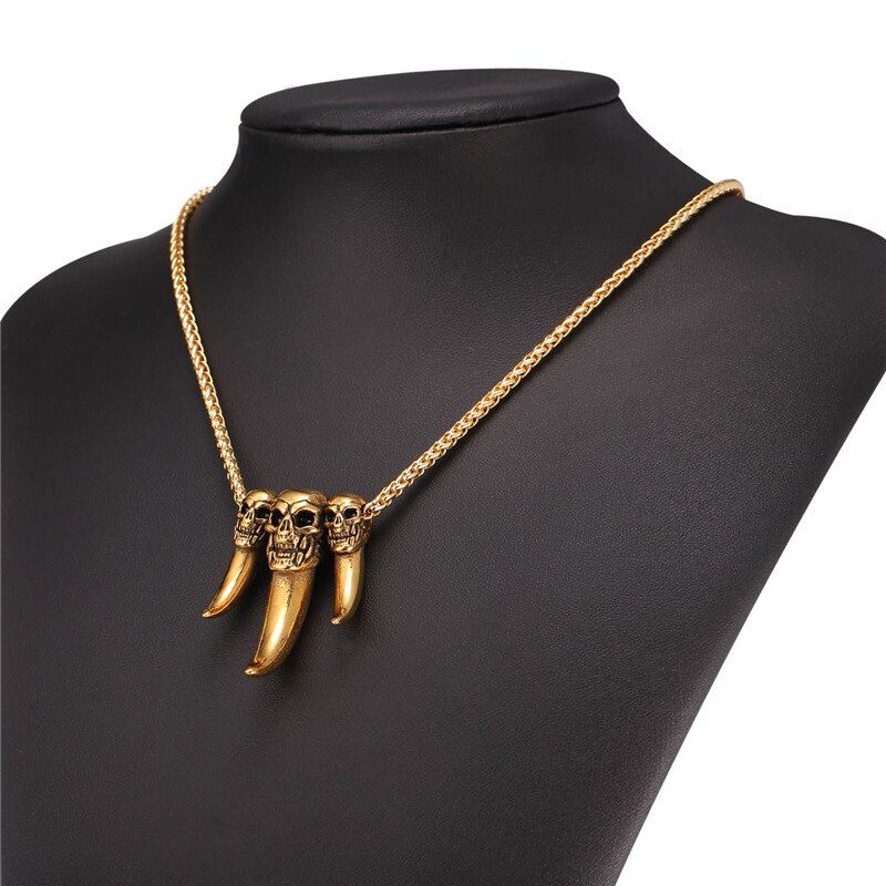 Starlord Punk Wolf Zahn Anhänger Halskette Edelstahl/Gold Farbe 3 Schädel Kopf Charme Amulett Männer Schmuck GP2458
