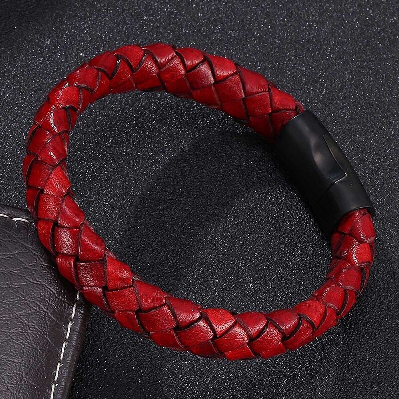 Jahrgang rot Geflochtene Leder Armbinde Männer Schmuck Schwarz Magnetische Schnalle Seil Armreif Punk Männlichen Handgelenk Band Pulsera hombre