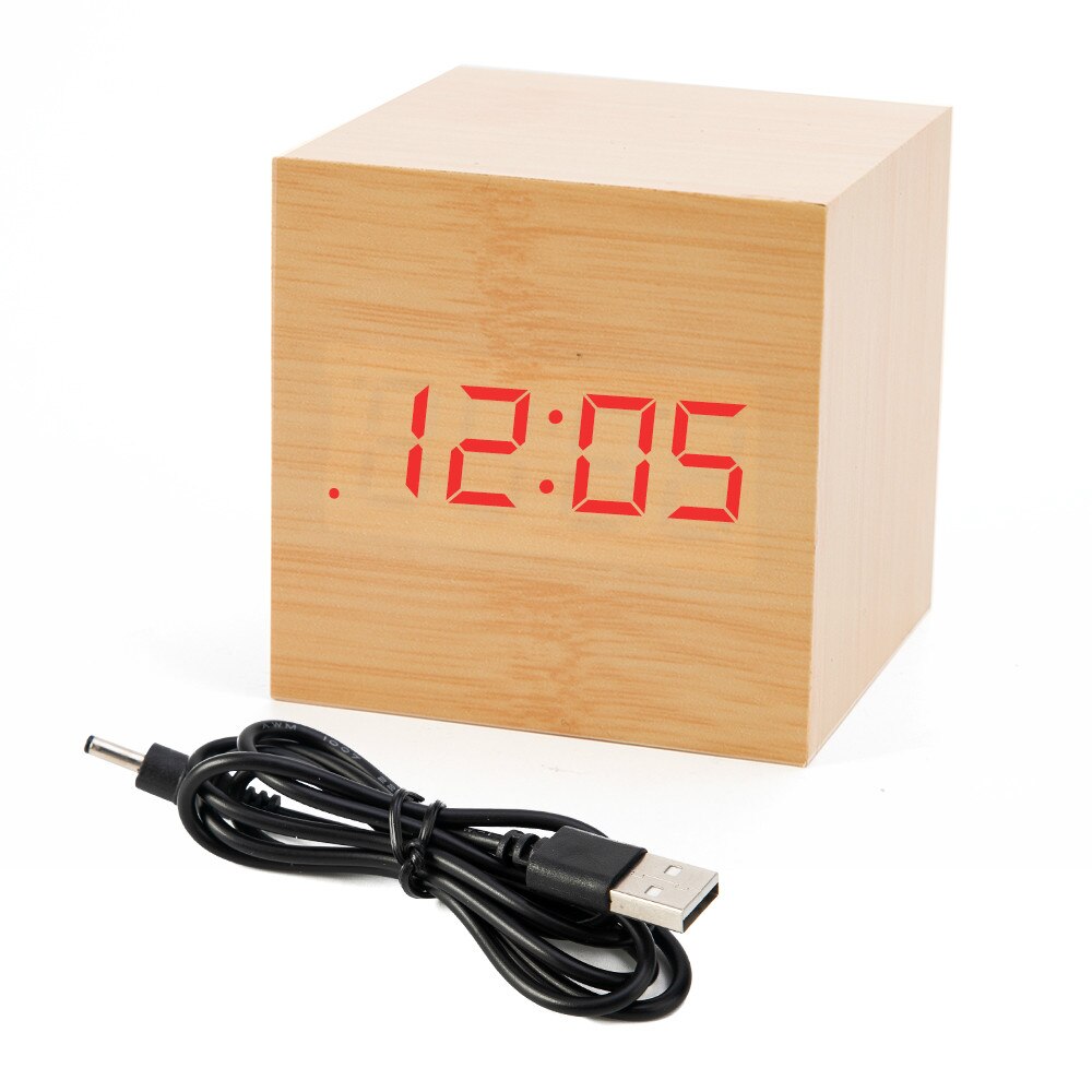 ! mini digital trä led väckarklocka trä retro glöd klocka skrivbord bord dekor röststyrning snooze funktion skrivbord kalender: Bambu trä röd