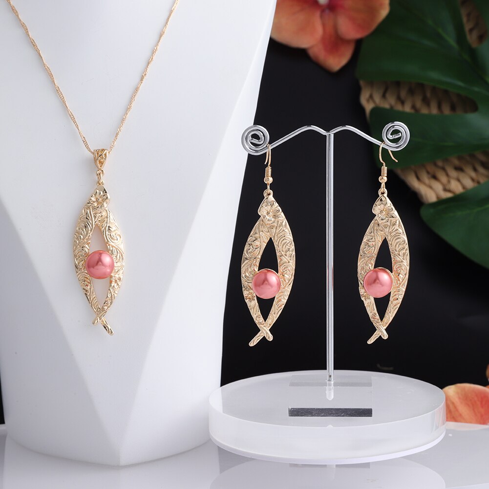 Cring Coco Earrings Necklace Set Hawaiian Polynesian Samoa Gold Colorful Pearl Pendant Necklace Jewelry Set for Women Girls: ZH0538GOSPK