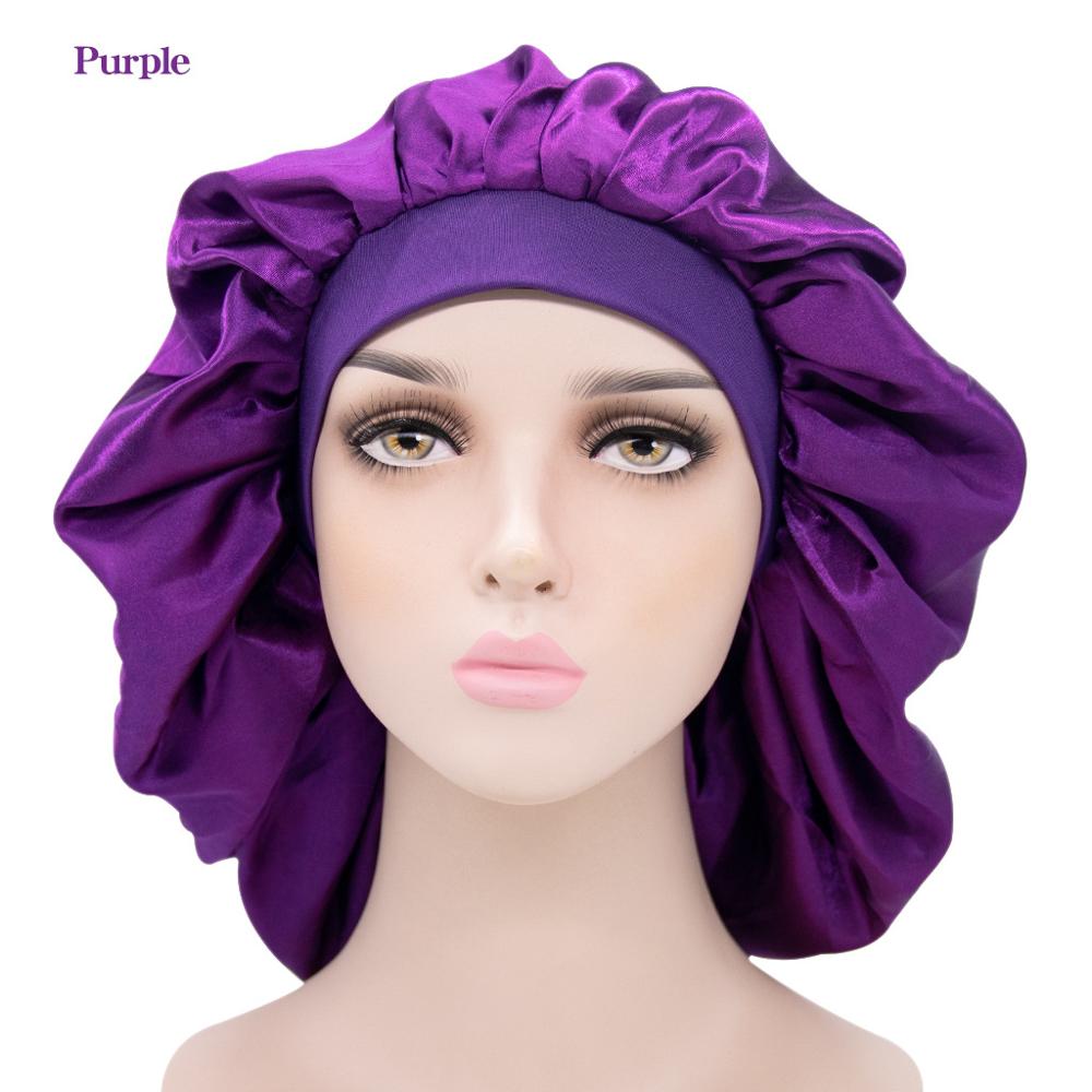 Doppel Schichten Frauen Satin Bonnet Stretch Breite-Krempe Seidige Schlummertrunk Größere Größe Dusche Kappe TB-189/190: Solid Purple