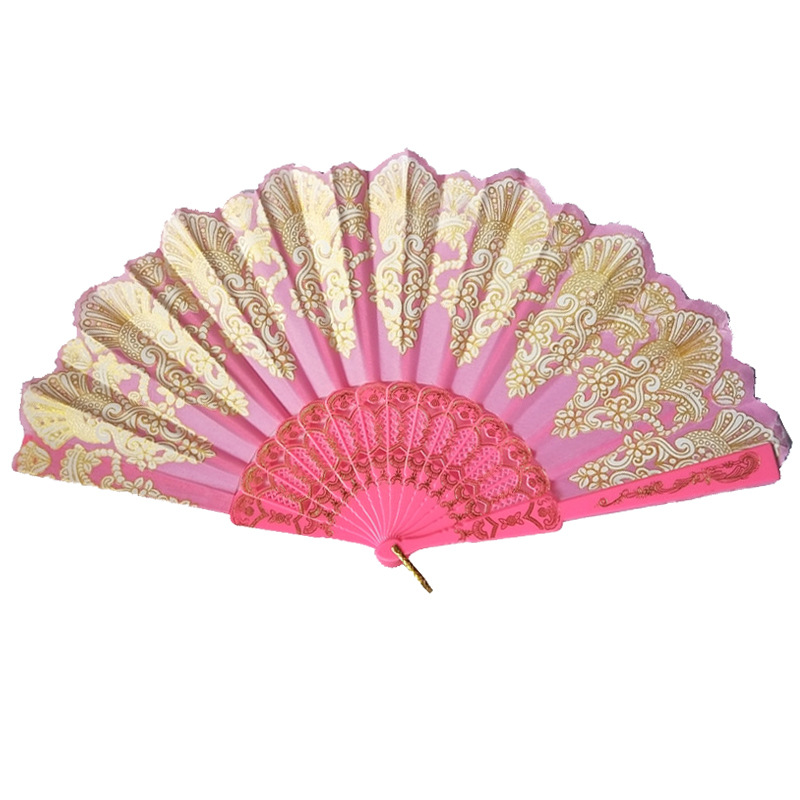 Spanish Style Dance Party Fan Wedding Silk Lace Fan Folding Held Flower Fan Lady Wedding Folding Hand Fan: Pink