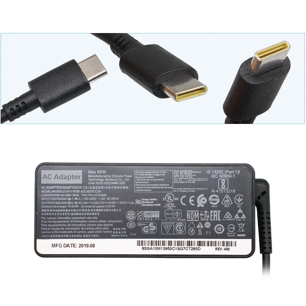 Bærbar lader strømforsyning for lenovo thinkpad 65 watt 20v 3.25a type-c usb vekselstrømadapter adlx 65 ydc 2a