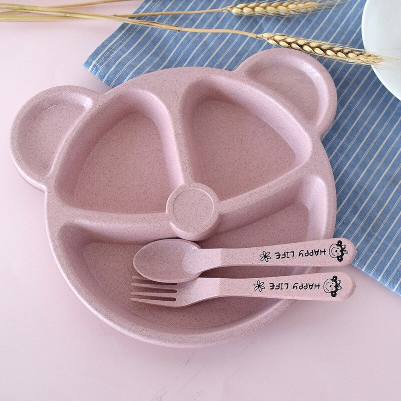 Baby bowl+spoon+fork Feeding Food Tableware Set Cartoon Bear Kids Dishes Eating Dinnerware Anti Wheat Straw Training Plate: Pink Set