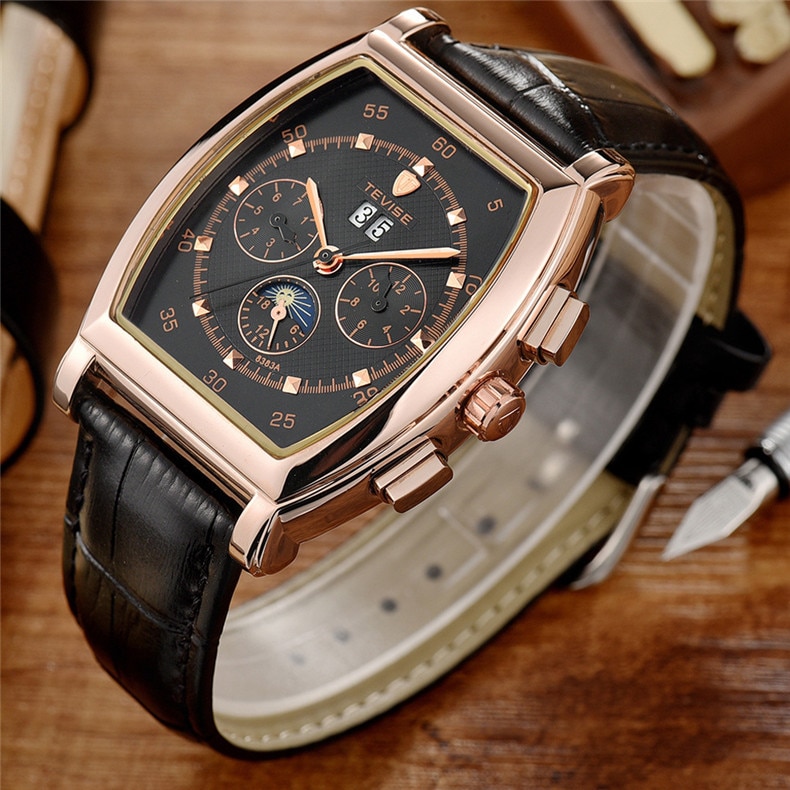 Rétro rectangulaire multi-fonction hommes montres haut de gamme de luxe automatique mécanique montre hommes étanche calendrier horloge