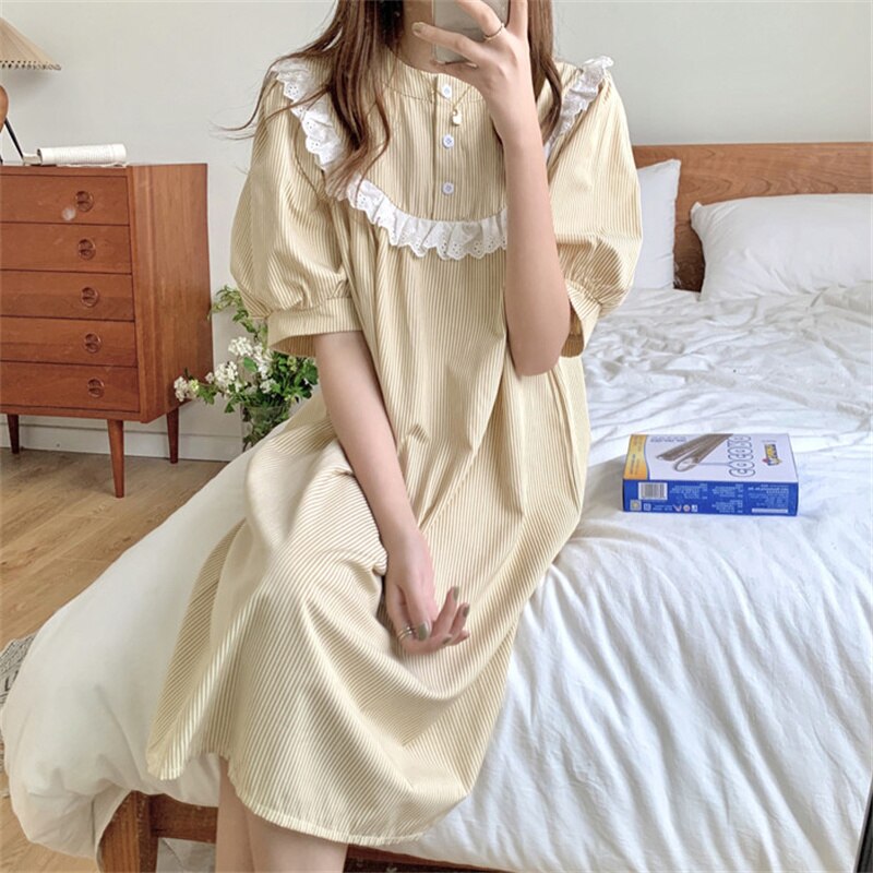 Alien Kitty Sweet Princess Comfortable Chic Casual Homewear Lace Summer Sleepwear Striped Dress Pajamas Loose Nightdress