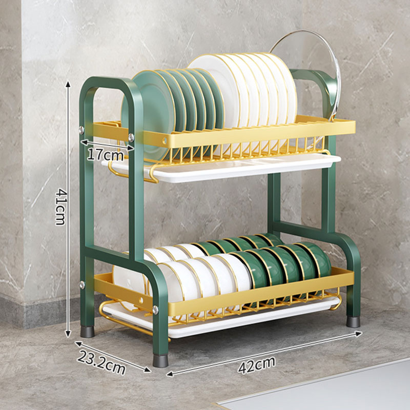 Estante de secado de platos de 2 niveles con soporte para utensilios, estantes ajustables, organizador de cocina que ahorra espacio, sistema de drenaje, gabinete de almacenamiento: Rojo
