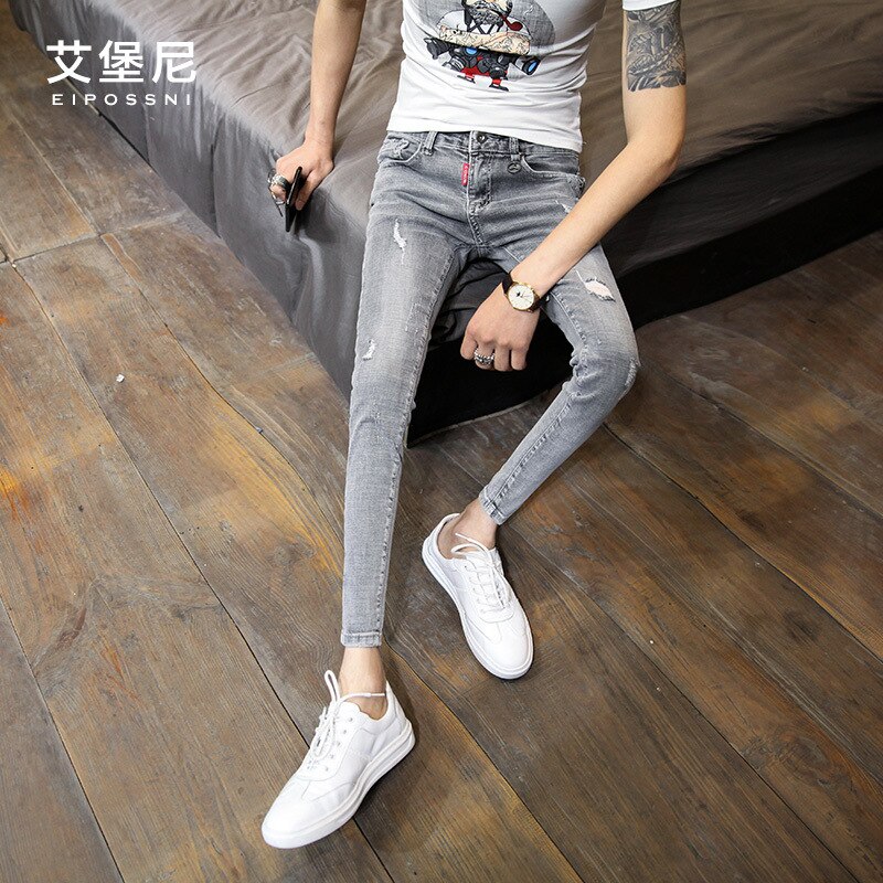 Sommer modisch männer gewaschen gerissen löcher knöchel länge hosen licht farbe füße hosen Koreanische dünne männer Denim Jeans