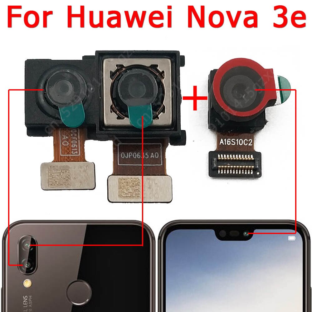 Alkuperäinen taka-etukamera huawei nova 3 3e 3i takapuoli pieni etu takaselfie kamera moduuli flex korjaus varaosat: Nova 3e takana edessä