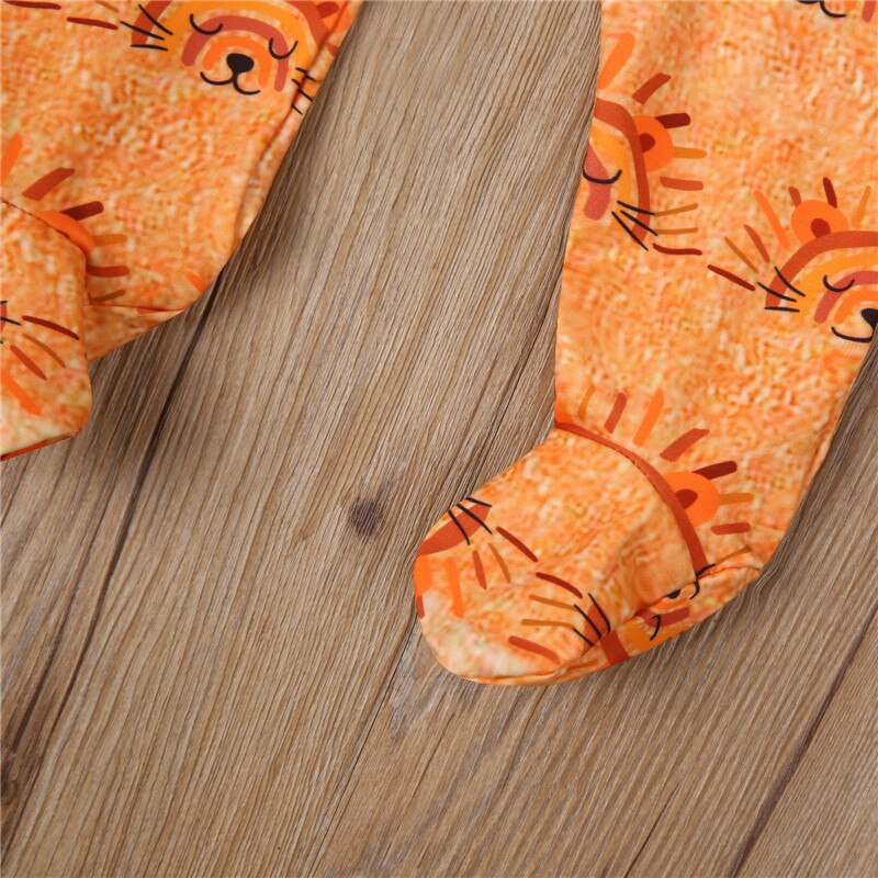 Infant Two-Piece Clothes Toddler Baby Boy Girl Set Orange Lion Printed Pattern Round Collar Jumpsuit+Cap Footies spring