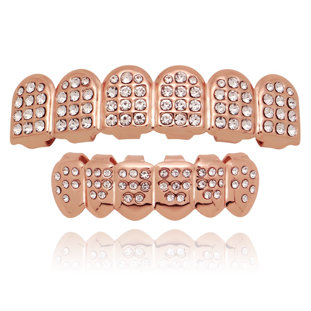 LuReen Bunte Kristall Zähne Grillz oben Unten CZ Gold grillen Zahn Hüfte hüpfen Halloween Zähne Kappen Grill Mund Körper Schmuck: Rose Gold