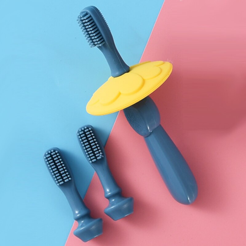 Børn blød silikone træning tandbørste baby børn tandpleje tandbørste værktøj baby kid tandbørste babyartikler: Blå sæt