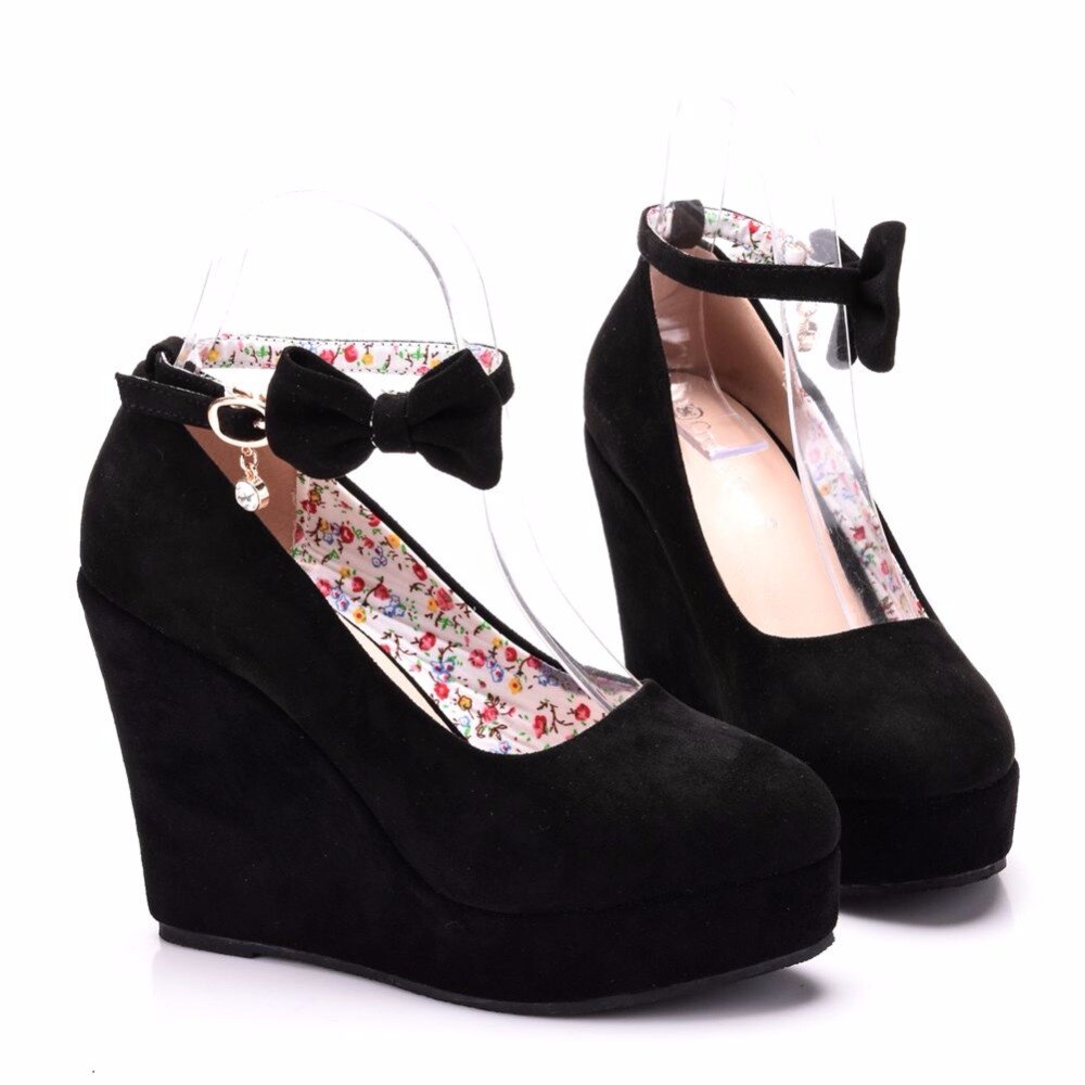 Kvinder høje hæle sko spænde kiler dame platform spænde bowtie pumps til kvinde plus størrelse bryllup sko
