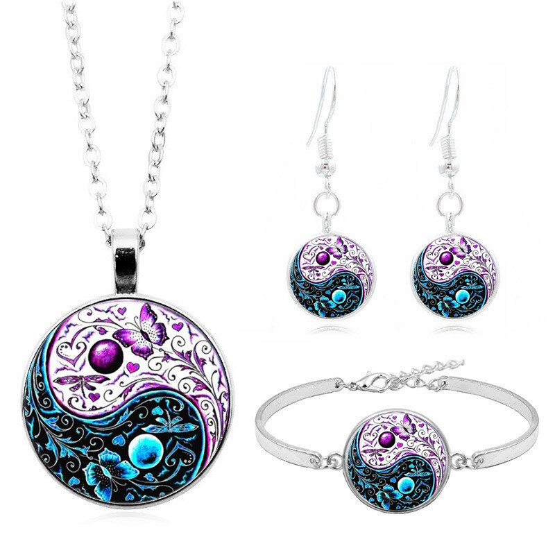 Yin Yang Tai Chi Vlinder Cabochon Glas Hanger Ketting Armband Oorbellen Sieraden Set Totaal 4 Stuks Voor Vrouwen mode: Default Title