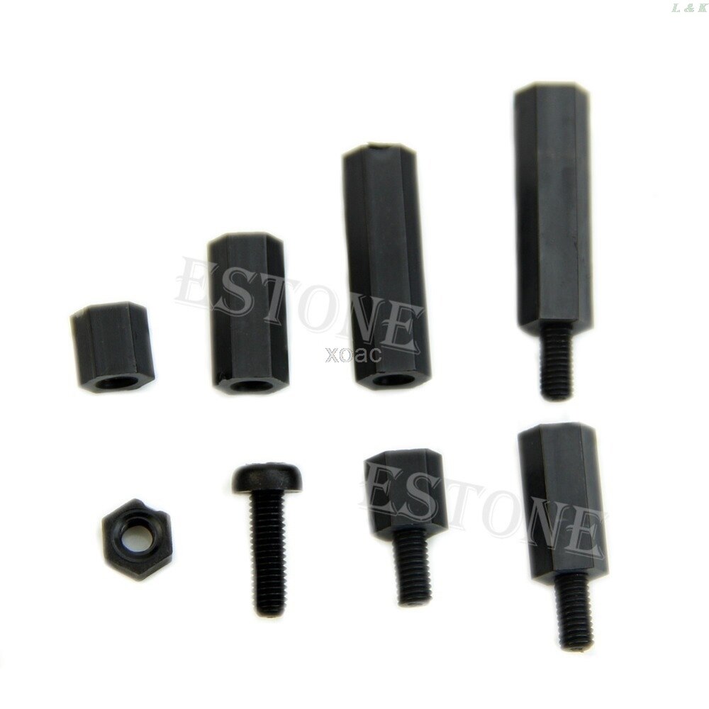 160 Uds M3 Nylon negro M-F Hex bola Kit surtido de tuercas de tornillo de soporte de caja de juego de M08
