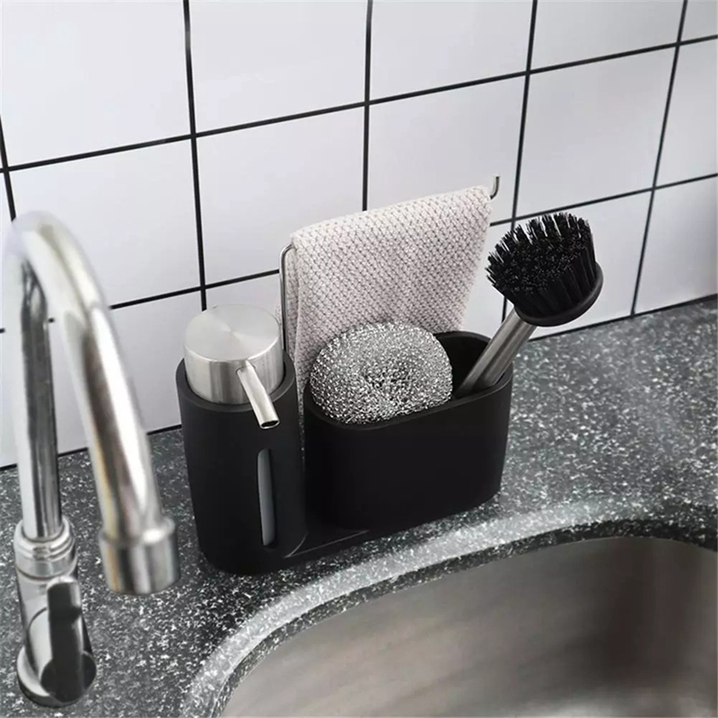 Sink Caddy Cleaning Kit Kitchen Caddy with Soap Dispenser Steel Ball and Brush Black Clean Group for Kitchen Organizing