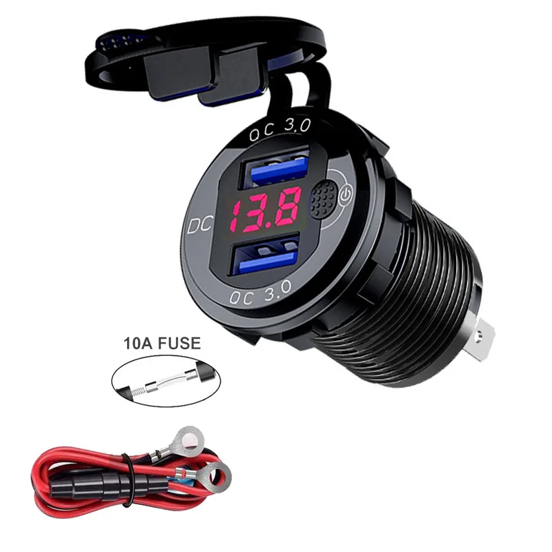12V/24V 36W QC3.0 Metal Car Lighter Socket Plug LED Display Switch Waterproof USB Charger socket For Phone Tablet: Gold