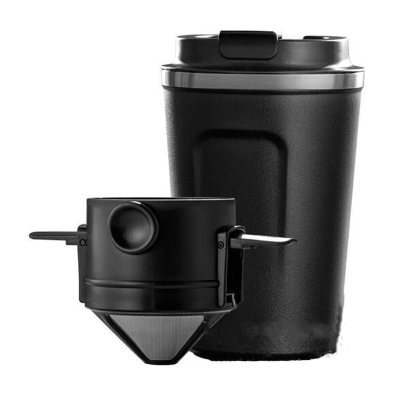 380Ml Portable main-tasse café isolation tasse en acier inoxydable voyage tasse isolation suspendus oreille filtre goutte à goutte: Black